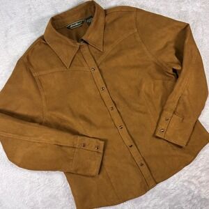 Vtg Eddie Bauer Women's Western Button Front Faux Suede Shirt Petite M Brown